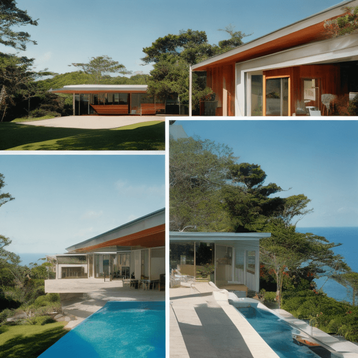 AI generated: Hyper realistic eye level exterior photo of a mid century modern style house overlooking the ocean, ...