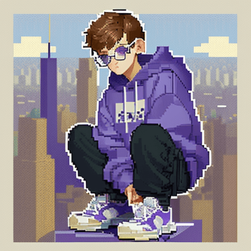 AI generated: a boy in an oversize purple hoodie, with brown hair, gold glasses, baggy blue jeans, white shoes, wh...