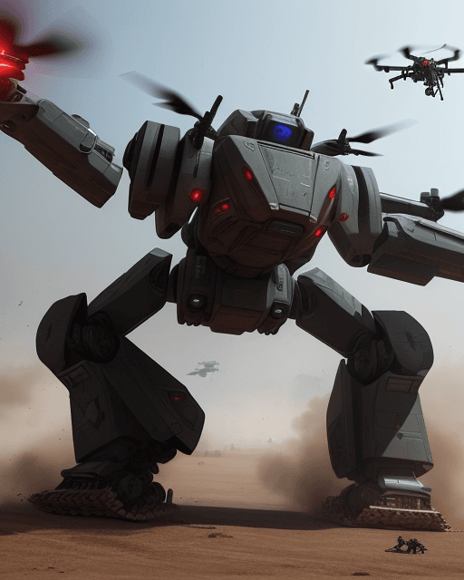 AI generated: "A battlefield with advanced autonomous drones and military robots in action. The drones are equippe...