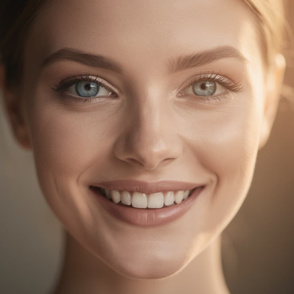 AI generated: colors,sharp light blue eyes,A soul-stirring close-up portrait of a woman,grins,her grace enhanced b...