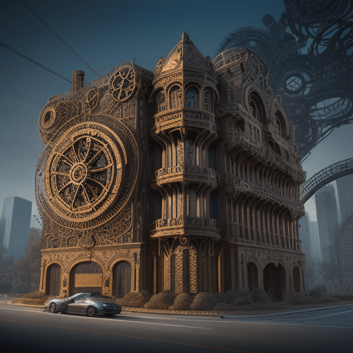 AI generated: Automobile inspired modern curved building , where the curved building's façade meticulously crafted...