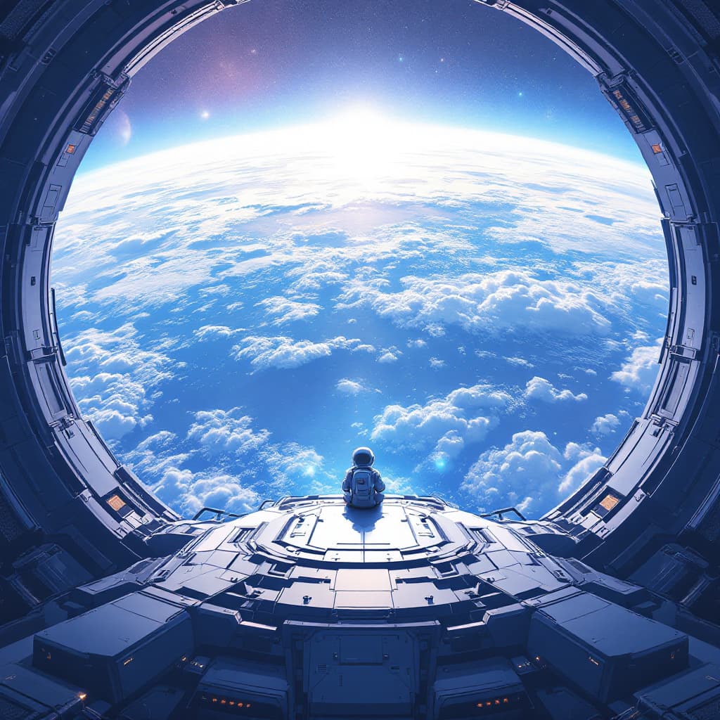 AI generated: illustration, sci-fi concept, small futuristic astronaut sitting at the threshold of a gigantic spac...