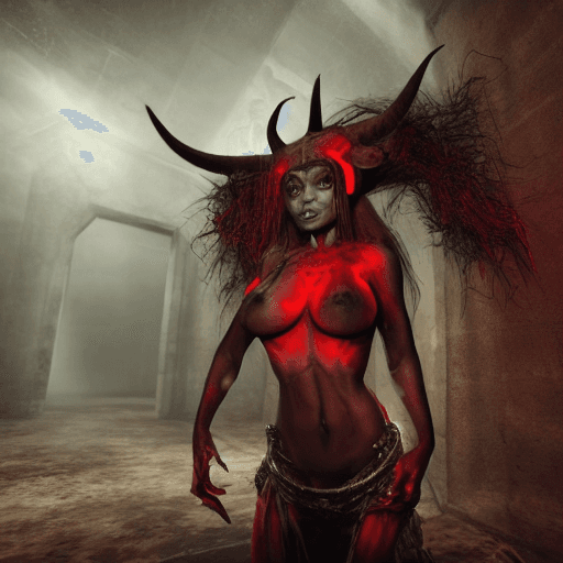 AI generated: female demon with horns, completely black skin and claws instead of hands, full body, red eyes and b...