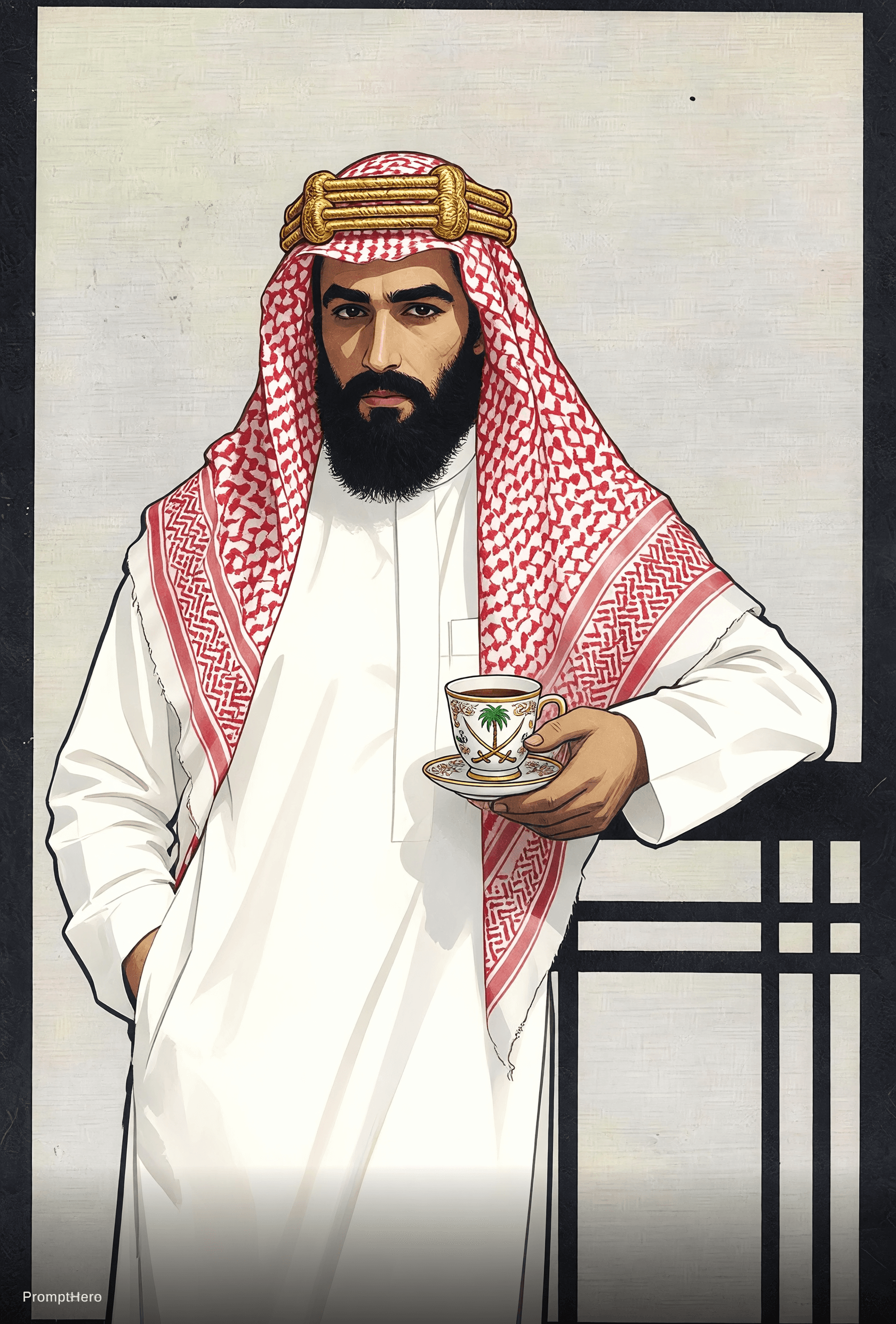 AI generated: هذي النتيجة اسطورية جدا جدا جدا بس ابغاك تعدل وتحط عقال مقصب وتعدل الكوب ومسكة اليد المعوقة الى فنجا...