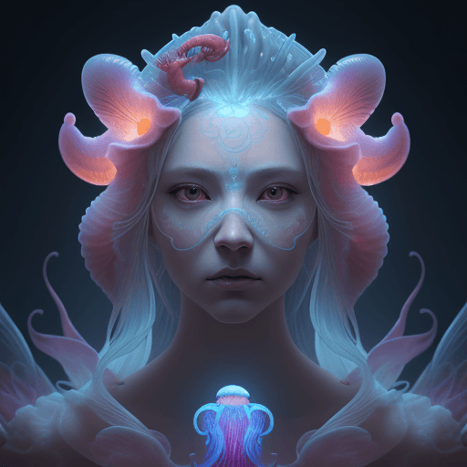 AI generated: Goddess close-up portrait ribcagel. jellyfish phoenix head, nautilus, orchid, skull, betta fish, bio...