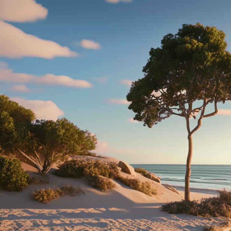 AI generated: photorealistic oil on canvas,,
sparse clouds, soaring sky, beach,
beautiful setting, early evening, ...