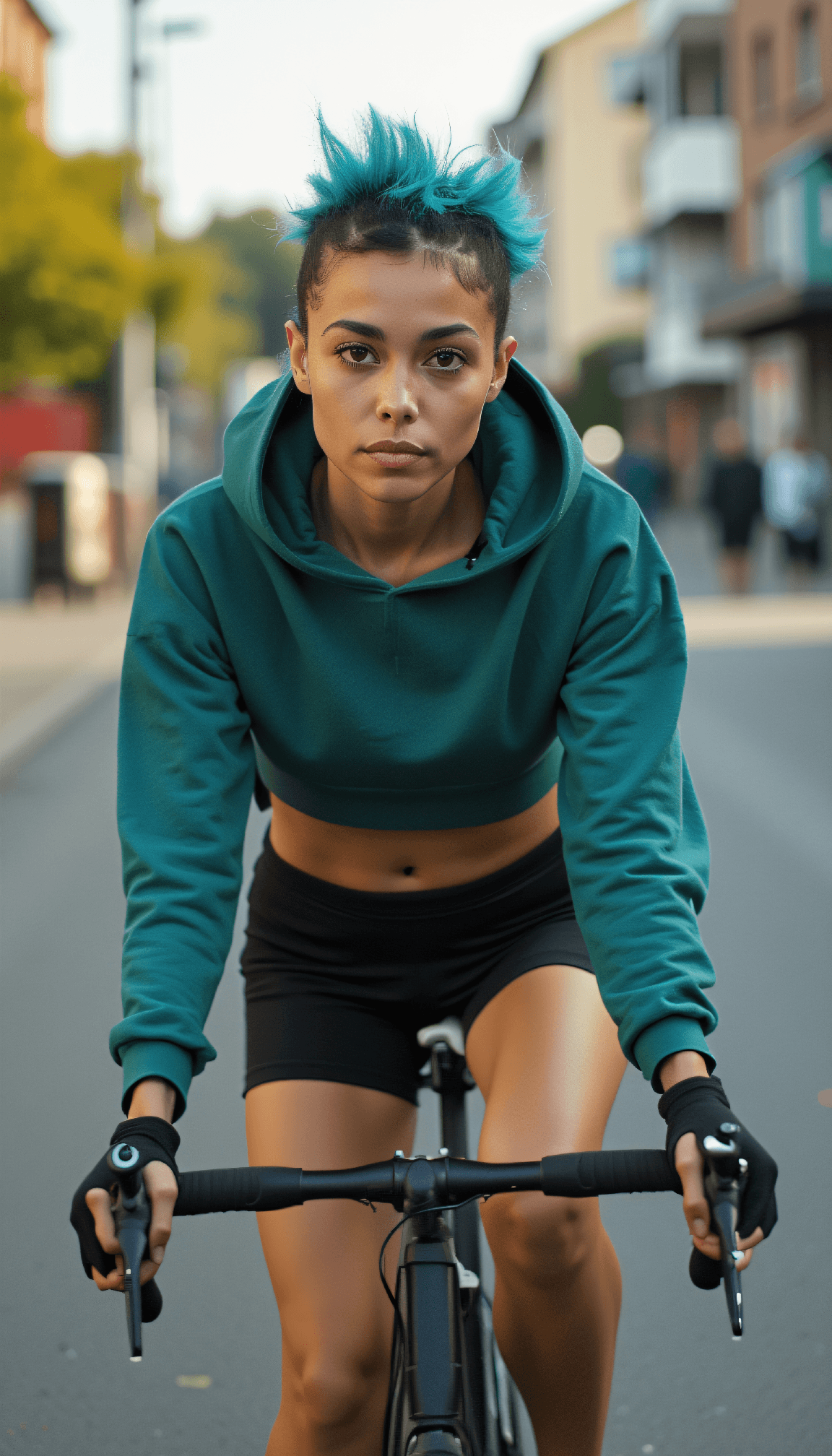 AI generated: Athletic woman with short spiky turquoise hair, crop hoodie, bike shorts, toned midriff, motion blur...