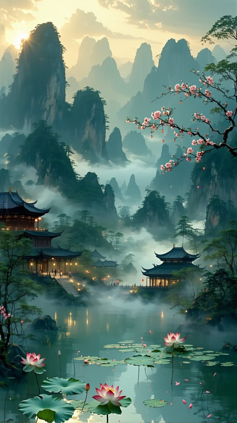 AI generated: Ancient Chinese landscape with golden sunlight filtering through mountain mist; bamboo forest swayin...