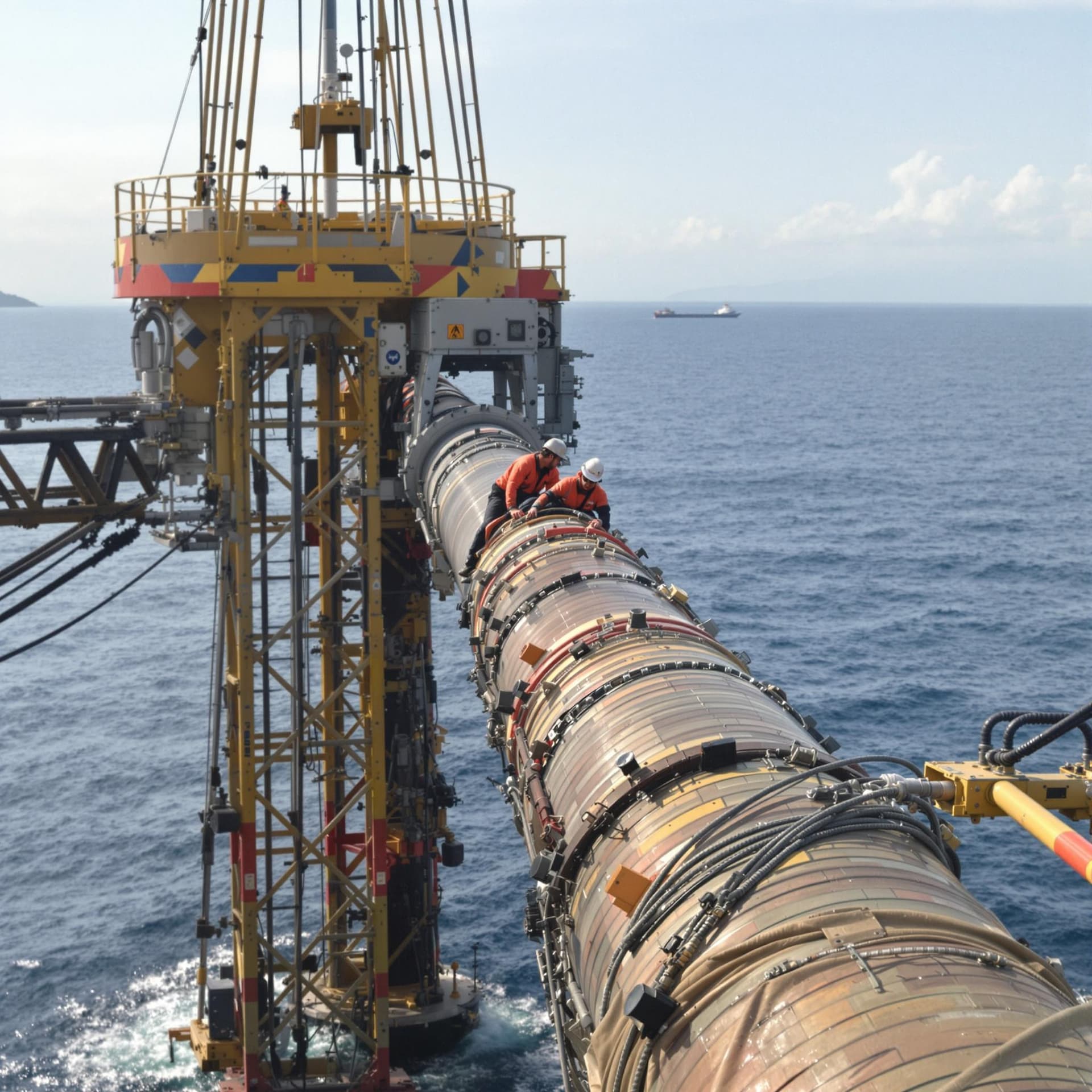 AI generated: worker riding a huge pipe coming from a mounting leading to a sea
