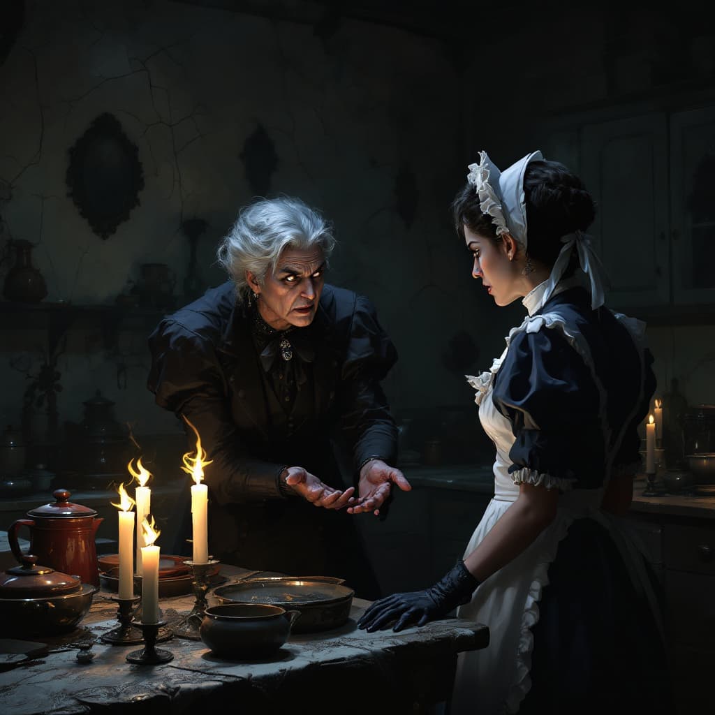 AI generated: In a dimly lit Victorian kitchen, the stern and imposing over 50's Victorian Lady confronts her youn...