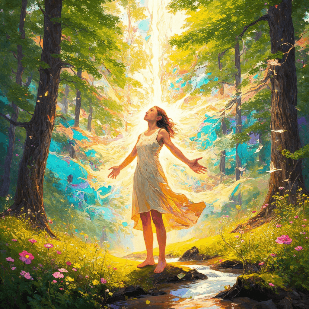 AI generated: A radiant woman stands in a serene forest clearing, bathed in the golden light of a summer's day. Ar...