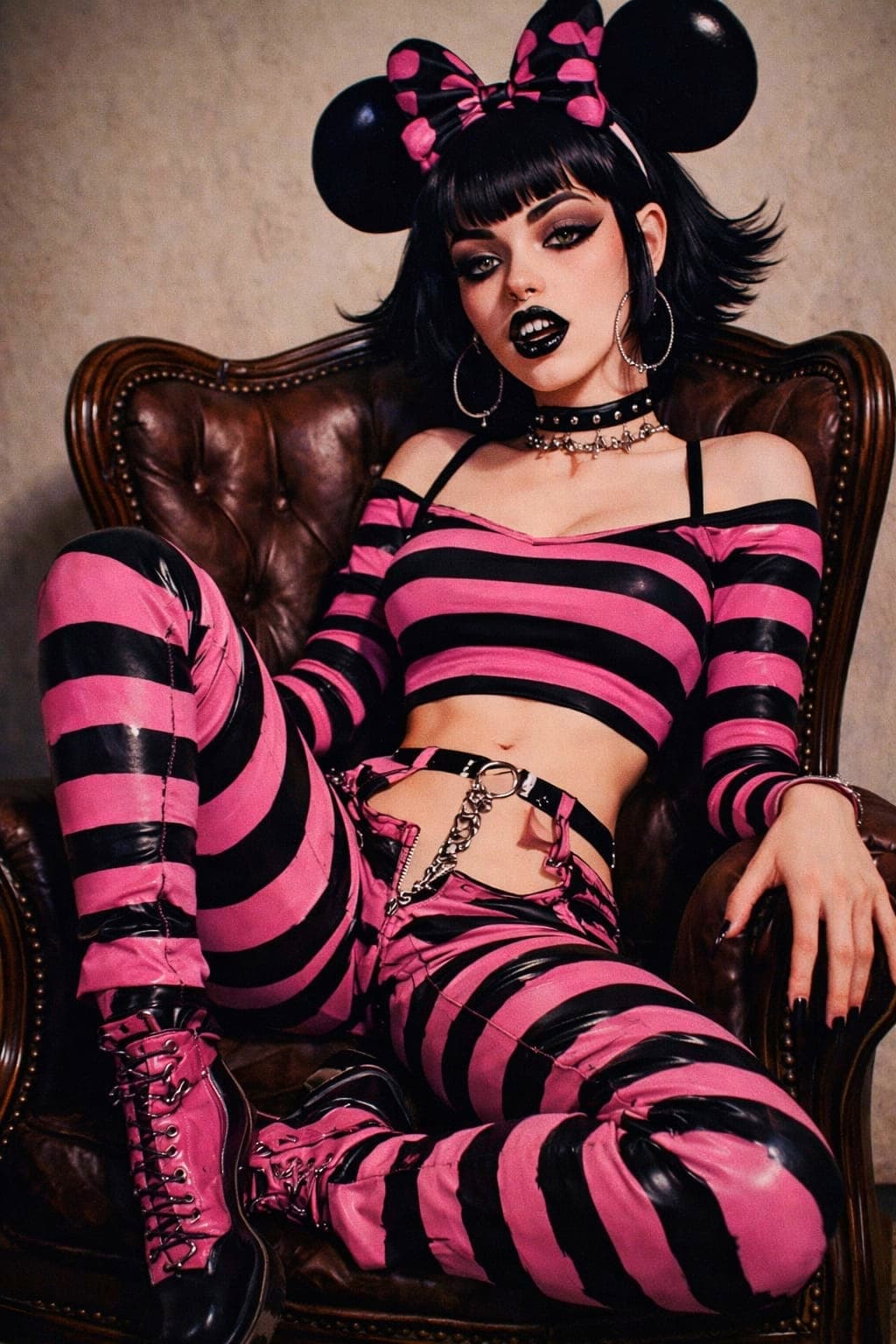 AI generated: A young Caucasian woman with striking makeup and black hair, styled with a pink and black polka dot ...