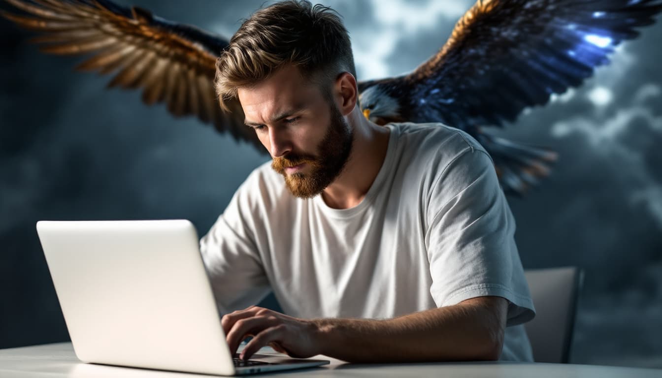 AI generated: Photo of a ultra realistic a man is alone with laptop he has t-shirt with picture eagle