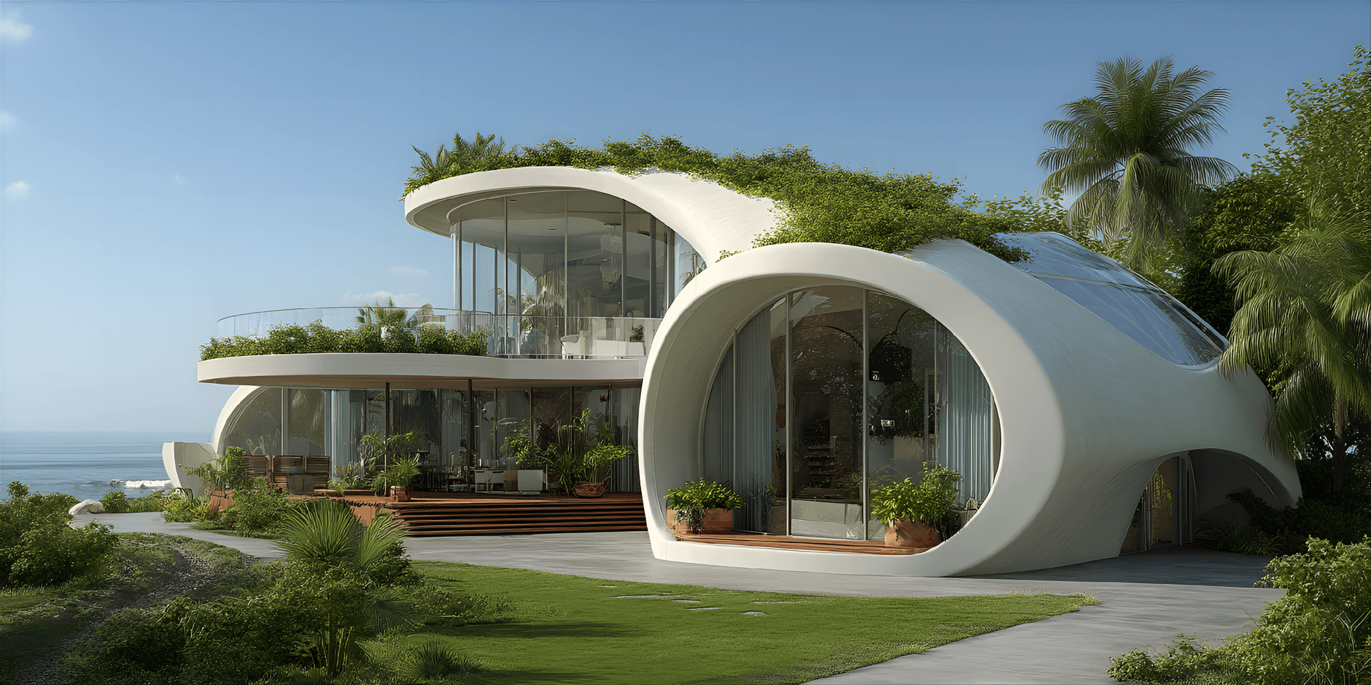 AI generated: futuristic eco-friendly home inspired by the curves of a seashell, featuring smooth organic shapes,...