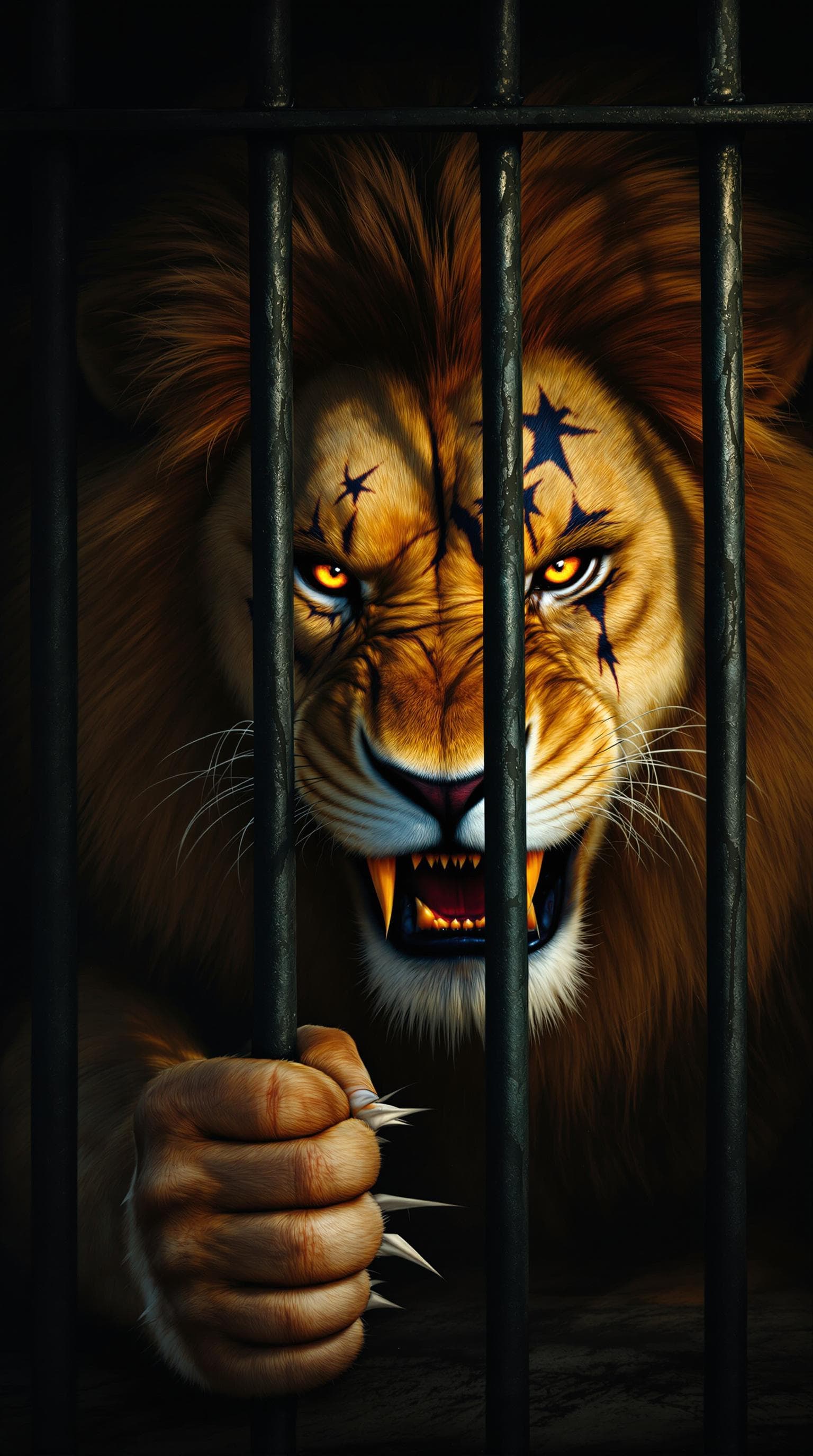 AI generated: A furious, scarred lion with a wild mane, locked inside a dimly lit prison cell, its sharp claws scr...