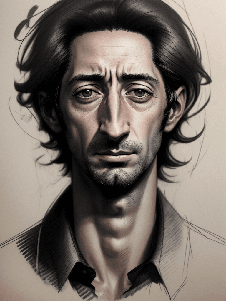 AI generated: Rough charcoal sketch on old paper, Male portrait, (adrien brody), Pronounced ears, clean line art, ...