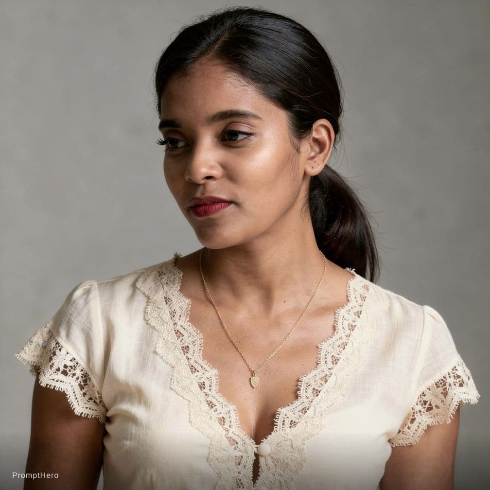 AI generated: Create a highly detailed, photorealistic image of a fit adult woman wearing a delicate cream-colored...