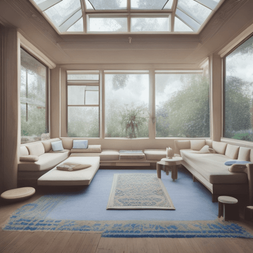 AI generated: High resolution photography interior design, dreamy sunken living room conversation pit, wooden floo...
