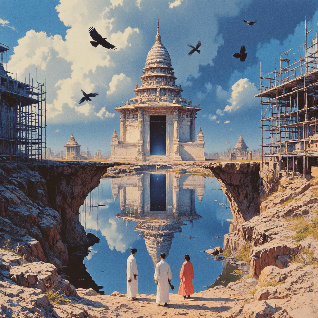 AI generated: A temple inverted—its reflection is the real structure. Below: a mirror surface ripples with trapped...