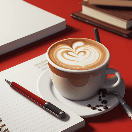 AI generated: coffee cup on a desk in the office with coffee and milk foam next to a notebook and a diary in red c...
