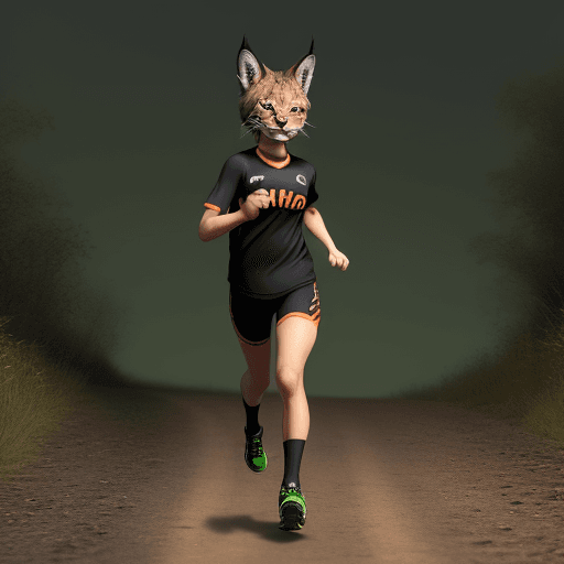 AI generated: cute lynx on atletism track , dressed in running black short and shirt jersey orange , full body, xb...
