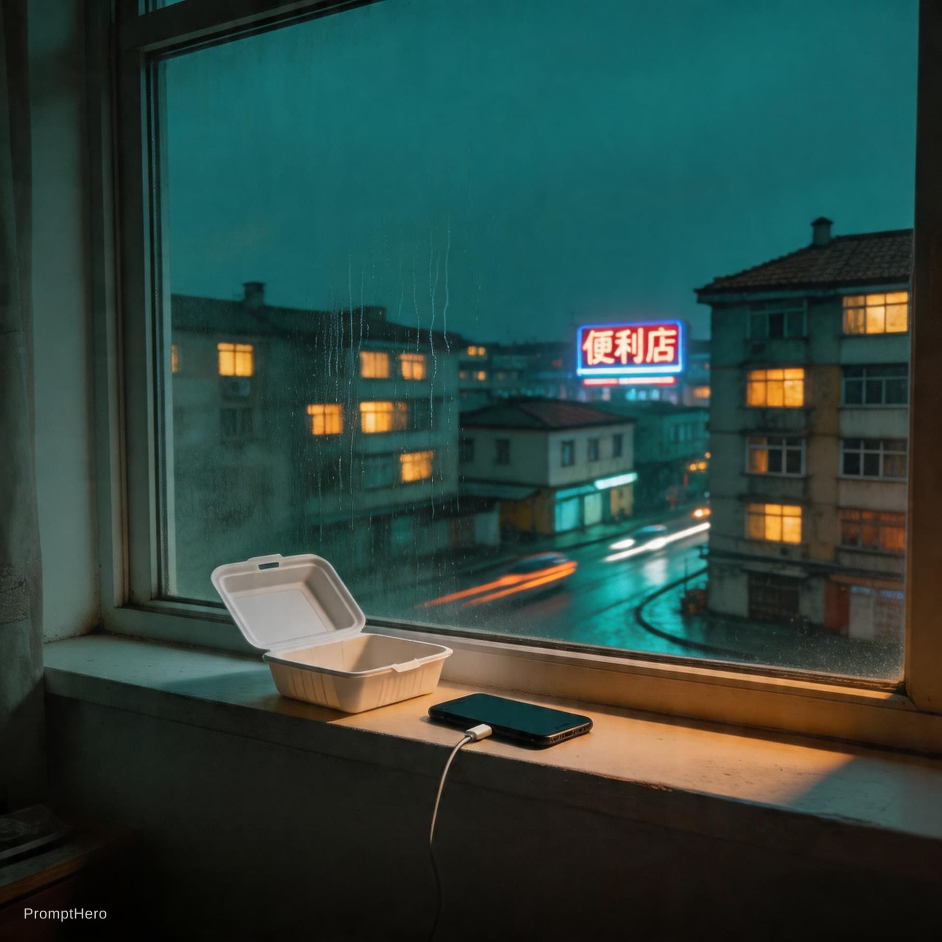AI generated: Cinematic shot, eye-level view, looking out from inside a dim, modest rental apartment window. Foreg...