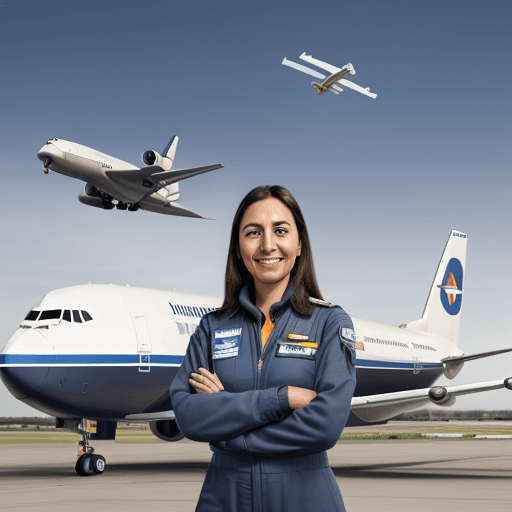 AI generated: a portrait of a proud pilot, in the background is a flying airliner, also flying ducks are infront o...