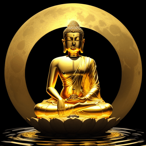 AI generated: beautiful golden image of buddha sitting in water with bright full moon hanging in the sky, in the s...