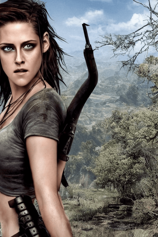 AI generated: Kristen Stewart dressed as lara croft, ((topless)), gorgeous, attractive, flirting, old ruins in bac...