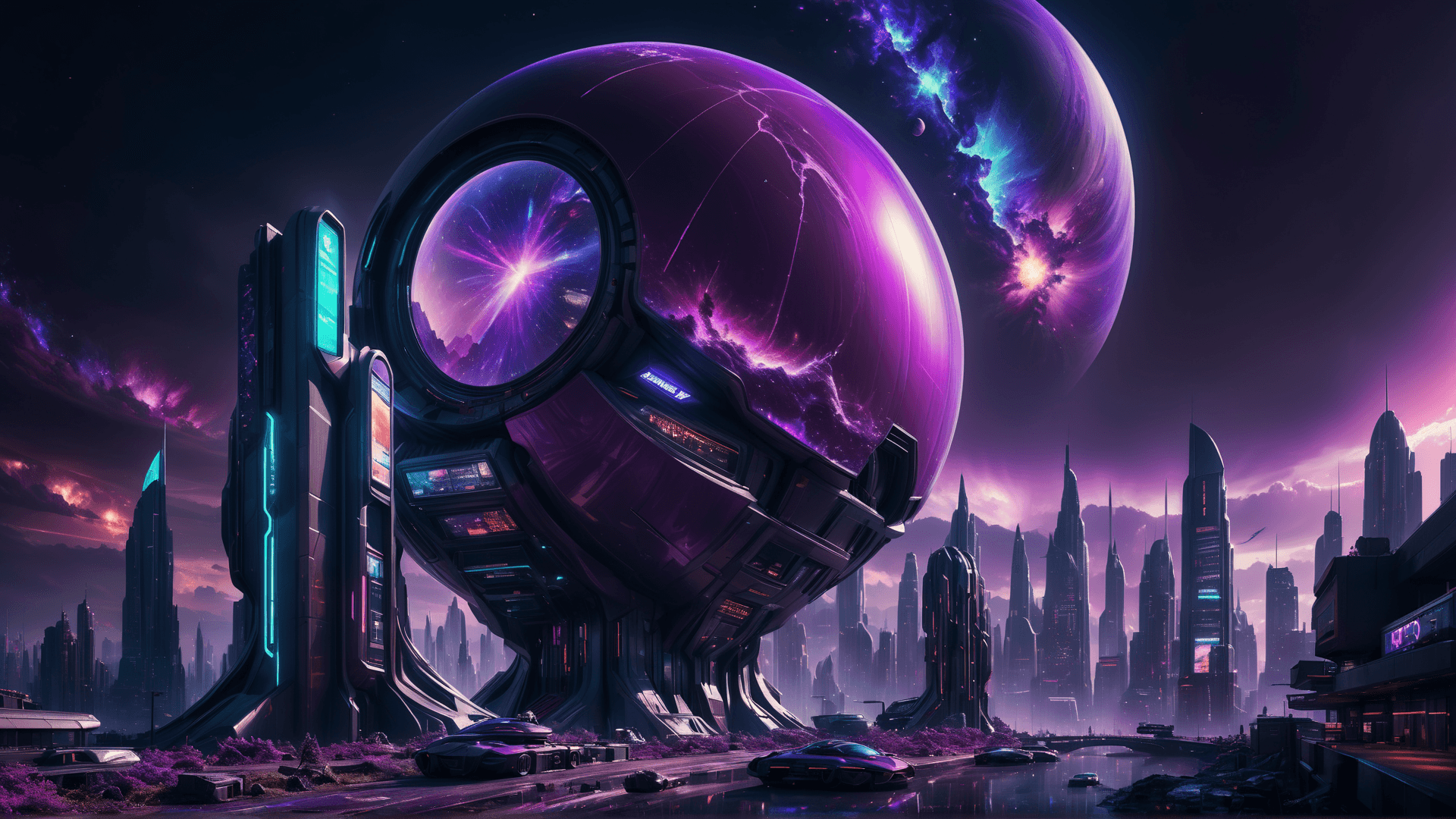 AI generated: (photorealistic:1.2, Fujifilm XT3), darkviolet vibrant color sci-fi landscape, inner city ex machina...