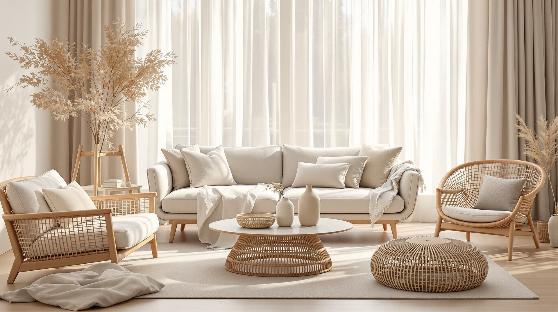 AI generated: A luxury Zara Home interior set, styled with minimalist Scandinavian design. Neutral color palette w...
