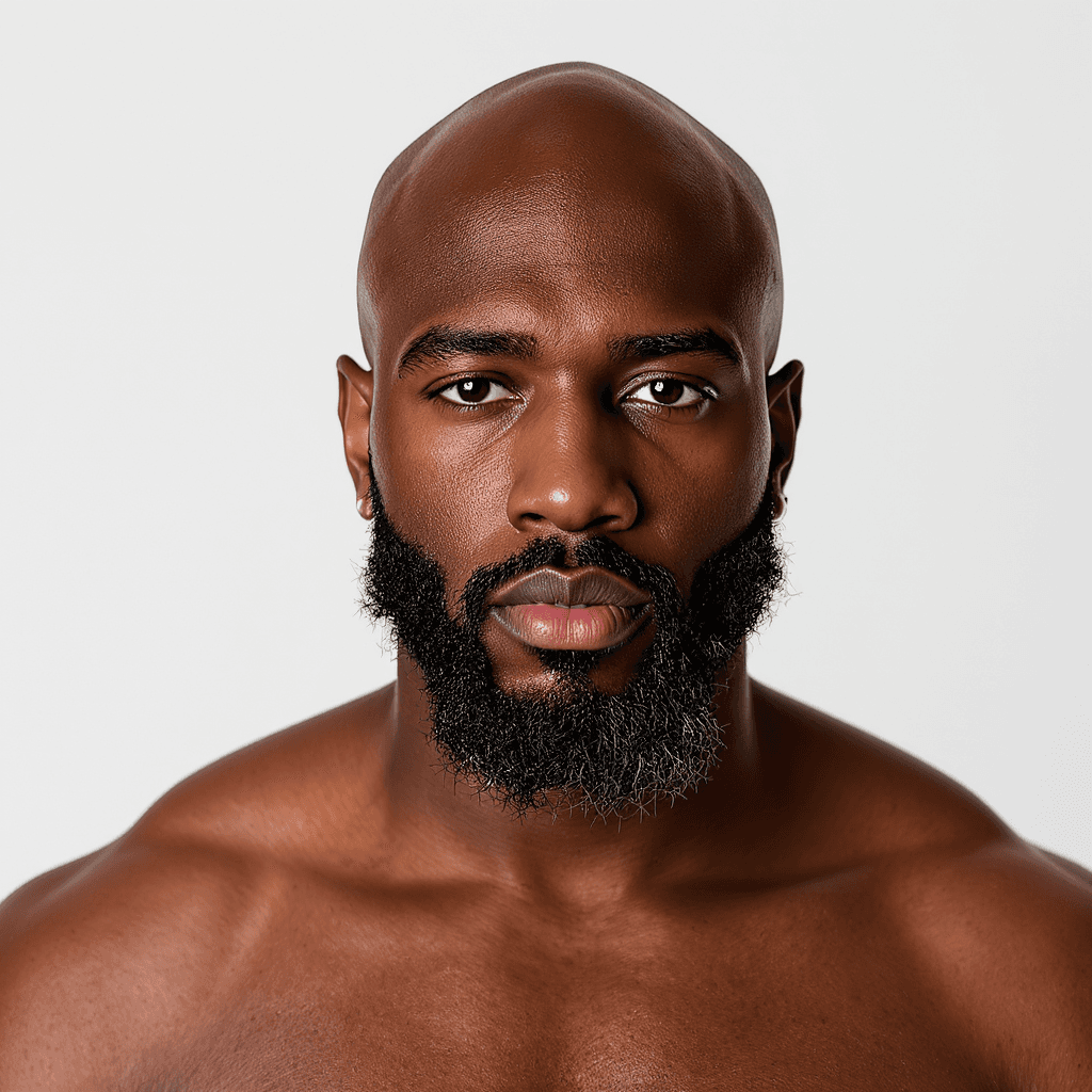 AI generated: bald head black man with beard with no shirt wearing a kink mask