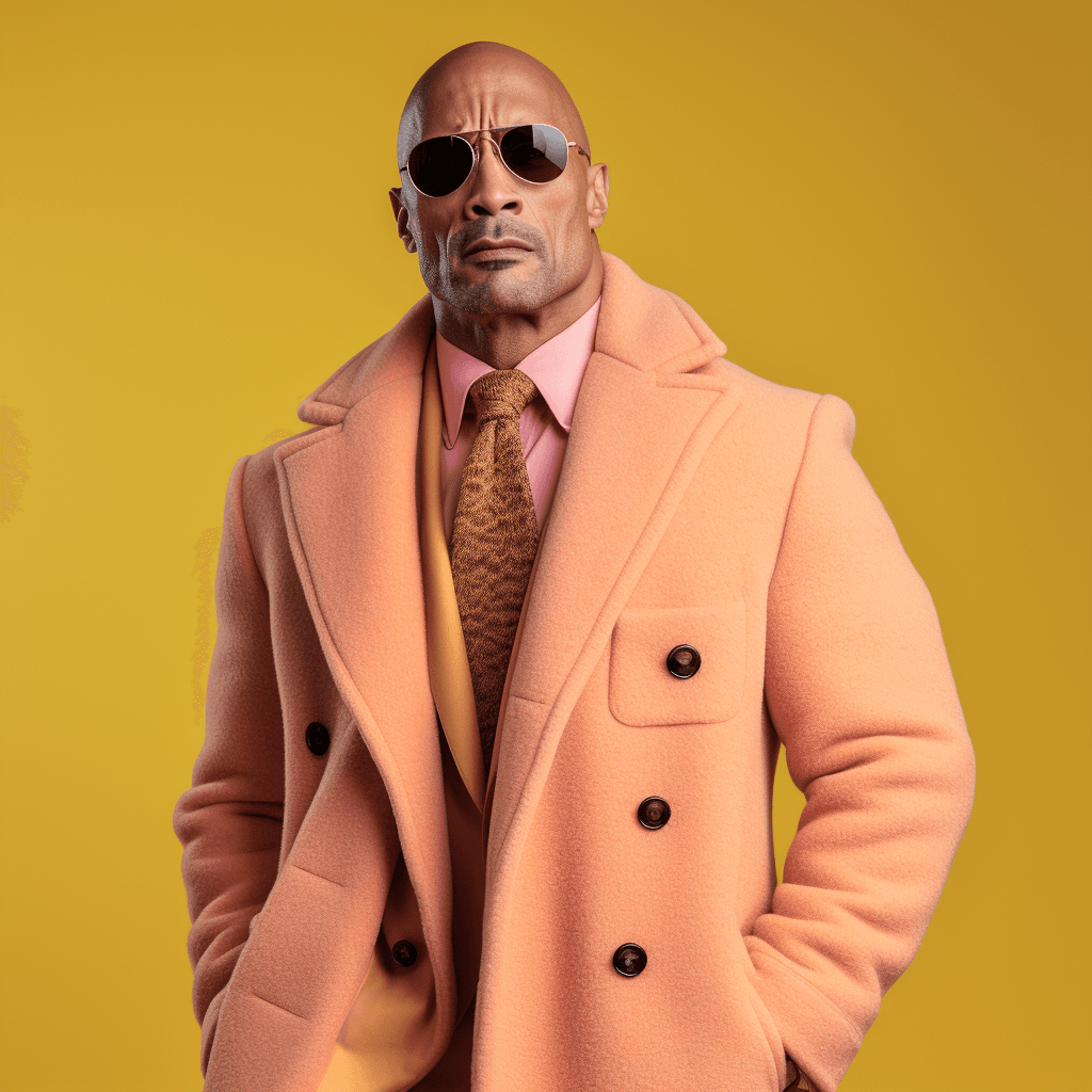 AI generated: Vogue style photo shoot of Dwayne Johnson as character therock from the movie The Royal Tenenbaums p...