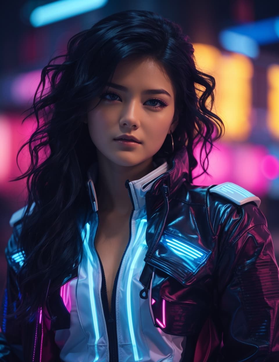 AI generated: a woman in a shiny jacket posing for a picture, cyberpunk art by Lü Ji, trending on cg society, retr...