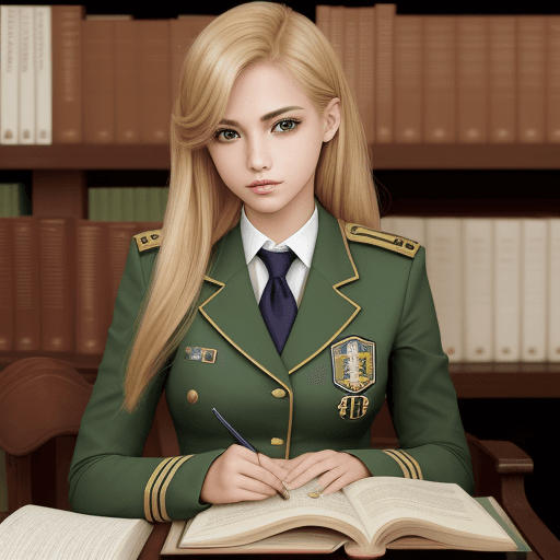 AI generated: chica guapa y elegante lee un libro en la biblioteca, rubia ojos verdes, uniforme de estudiante, 