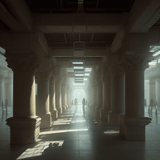 AI generated: create an image of ancient city, under a single bright fluorescent light, the surrounding tiles refl...