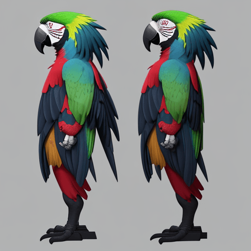 AI generated: Parrot anime turnaround view front, side and 40 degree view