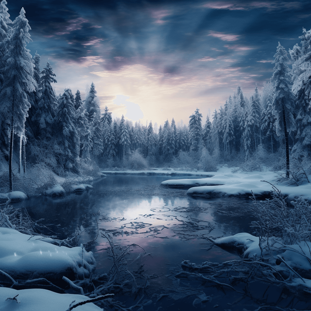 AI generated:  small lake surrounded by a frozen taiga forest, snow on the trees, winter, complex details, masterp...