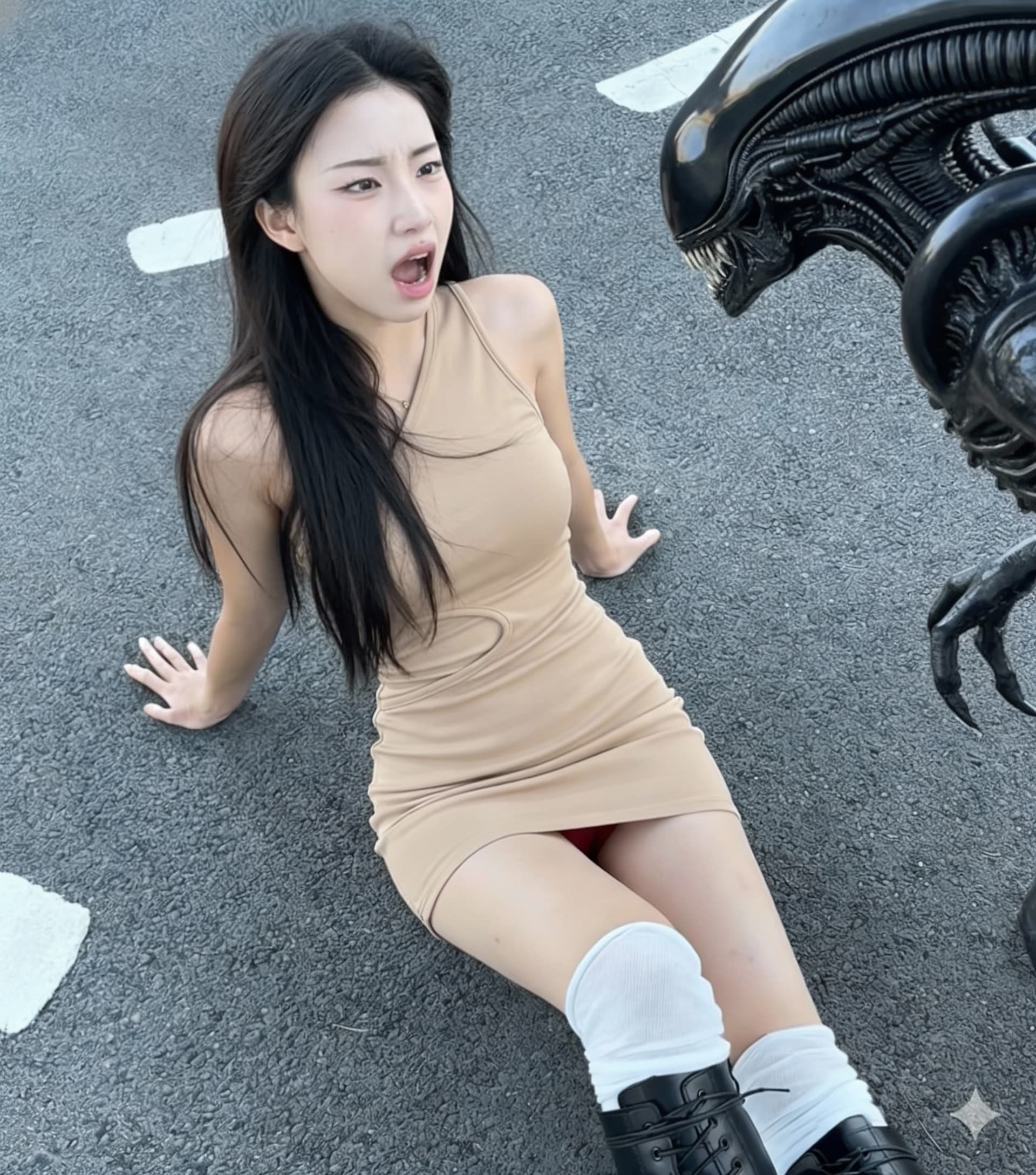 AI generated: the woman is confronted the zenomorph of alien movie, shok made her face parallized and she heaves i...