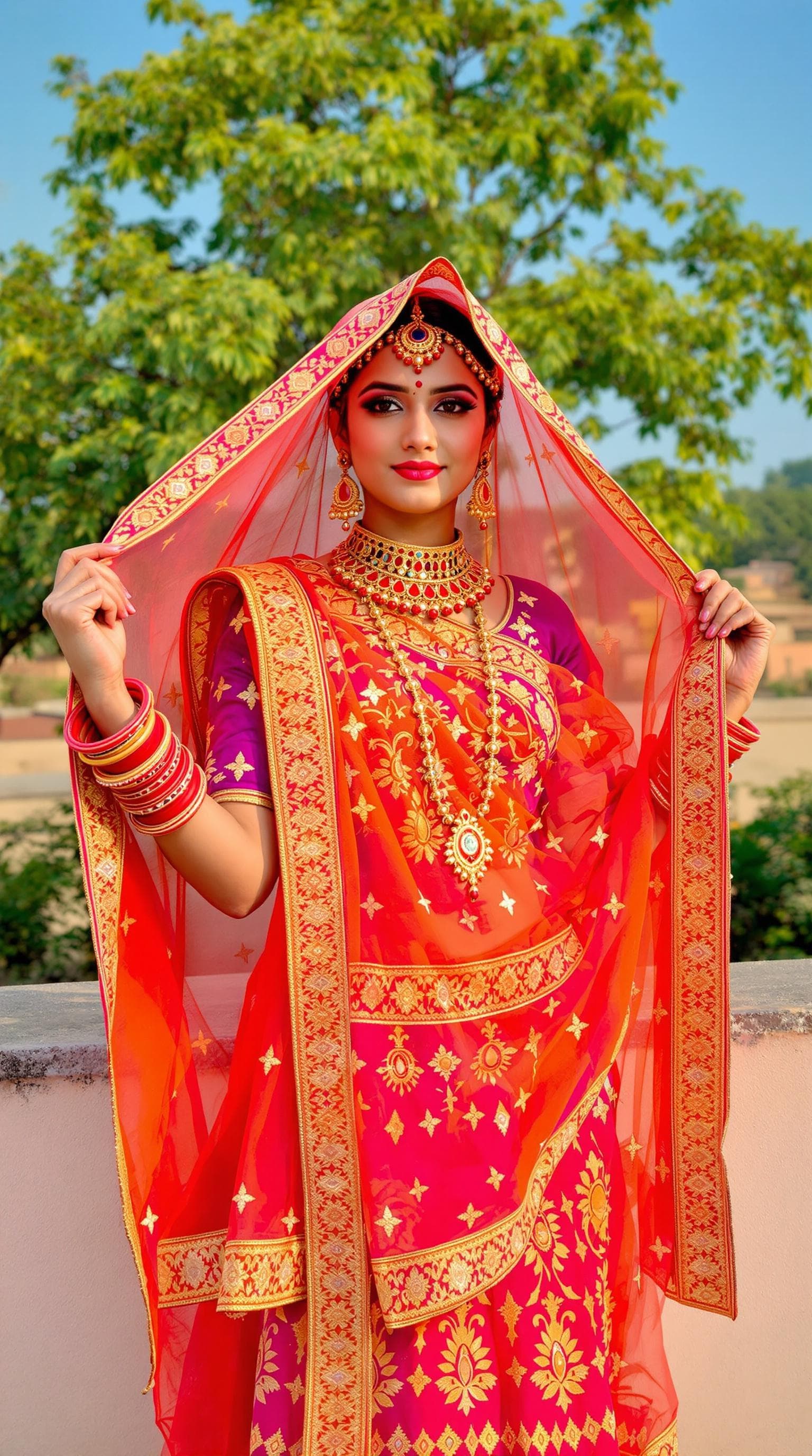 AI generated:  "A young Rajasthani woman standing on a rooftop, gracefully lifting the edge of her embroidered dup...