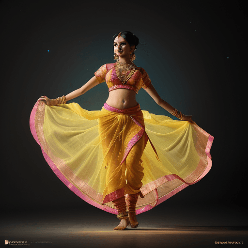AI generated: full body shot Indian Gujarati woman in a neon Organza Navratri traditional dress, playing Garba dan...