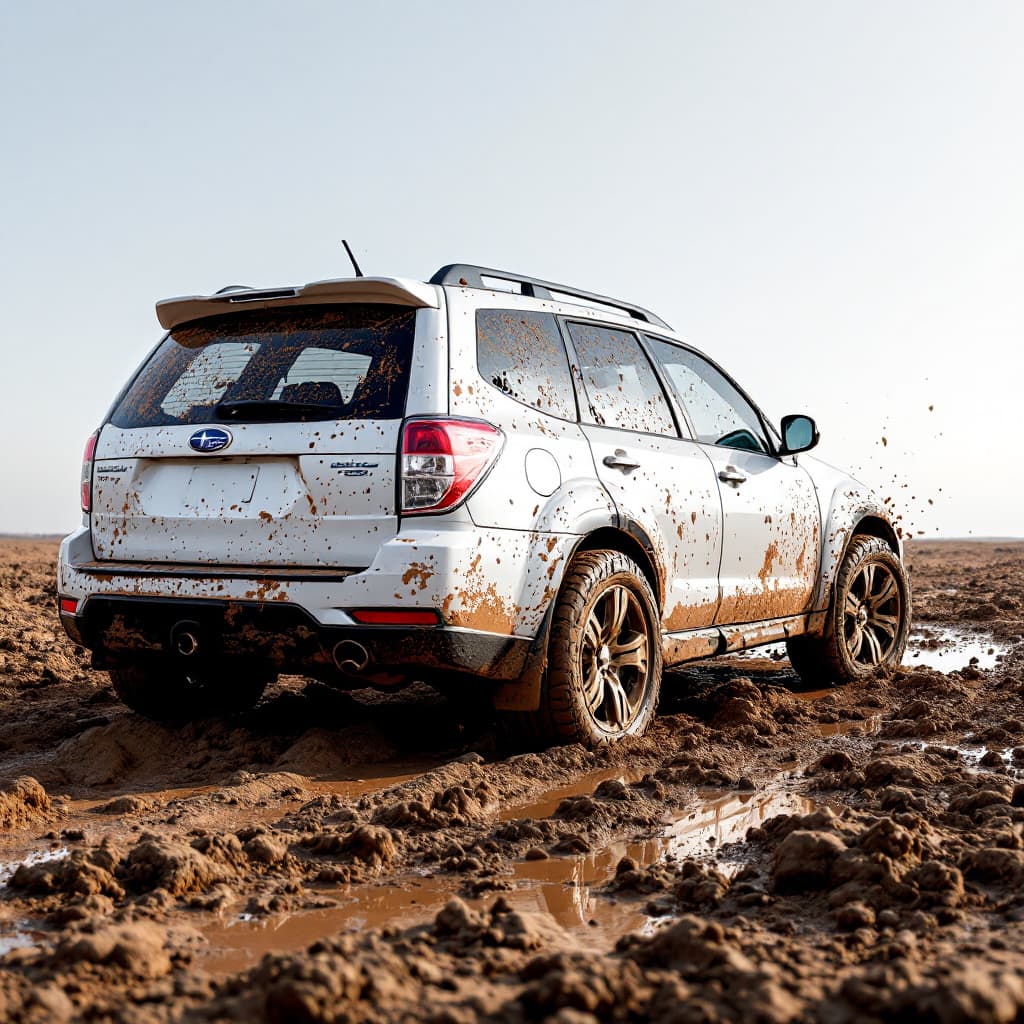 AI generated: a 4k detailed image showing side profile view  of a pearl white Subaru forester 2010 model covered i...