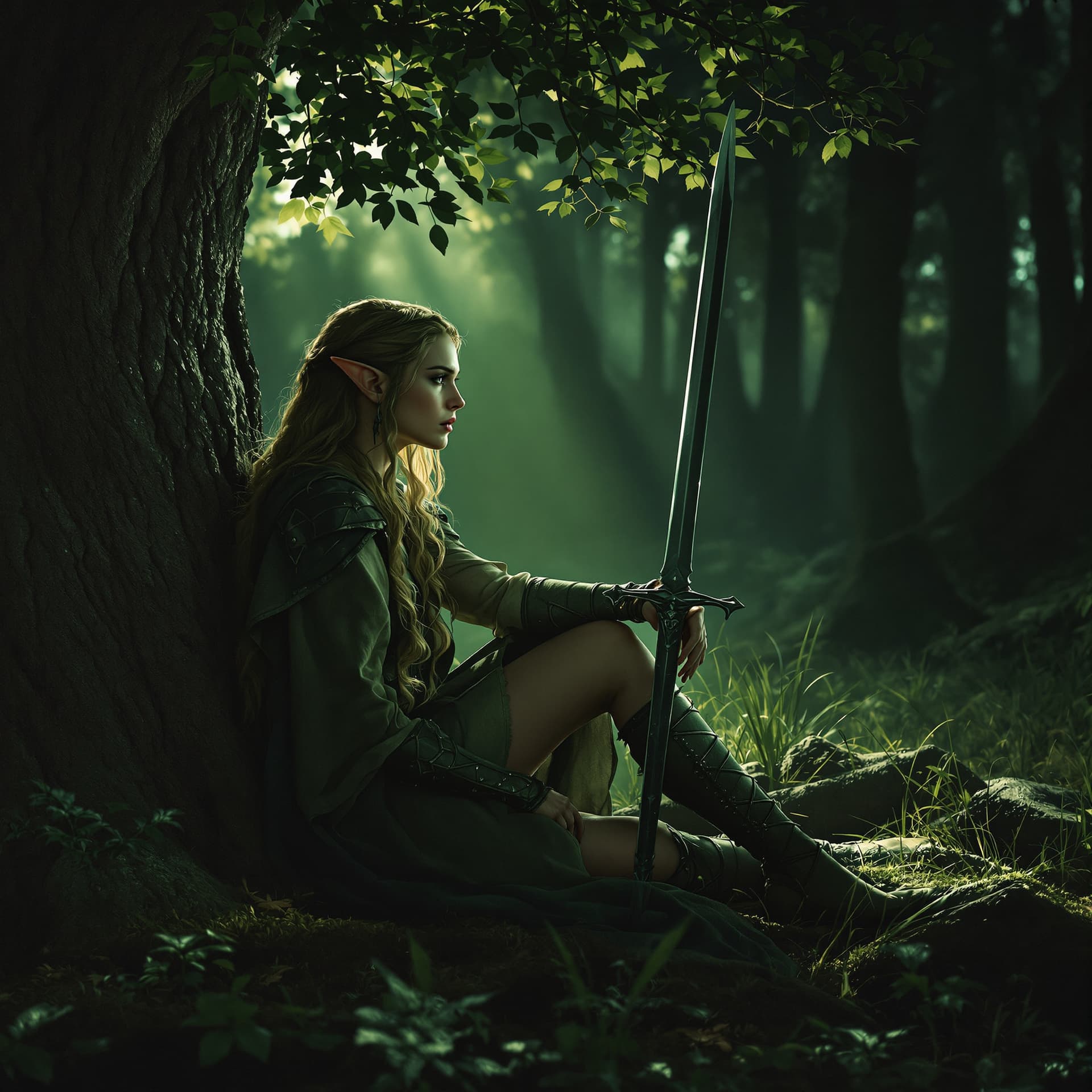 AI generated: female lord of the rings warrior elf sitting under a tree in Lothlórien, watching and expecting an i...