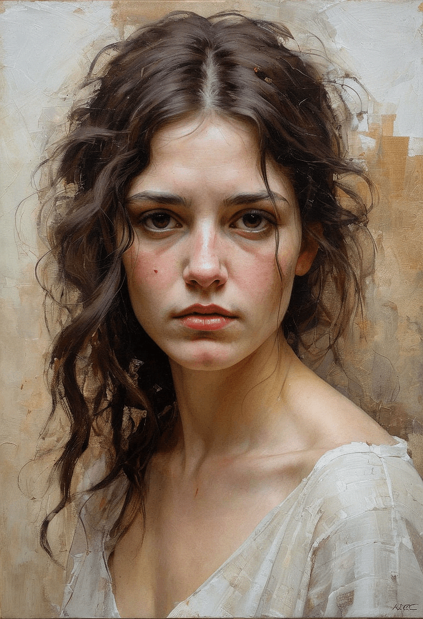 AI generated: A half body, oil painting of a Greek woman,  look sad and despair, made by {randomly select} famous ...