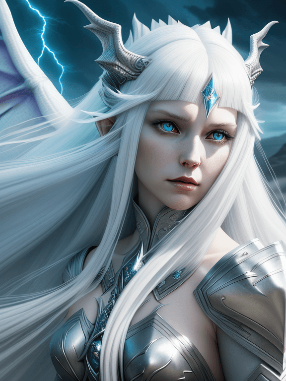 AI generated: platinum white long hair dragon queen woman | fantasy art | hair in the wind with bangs | epic fanta...