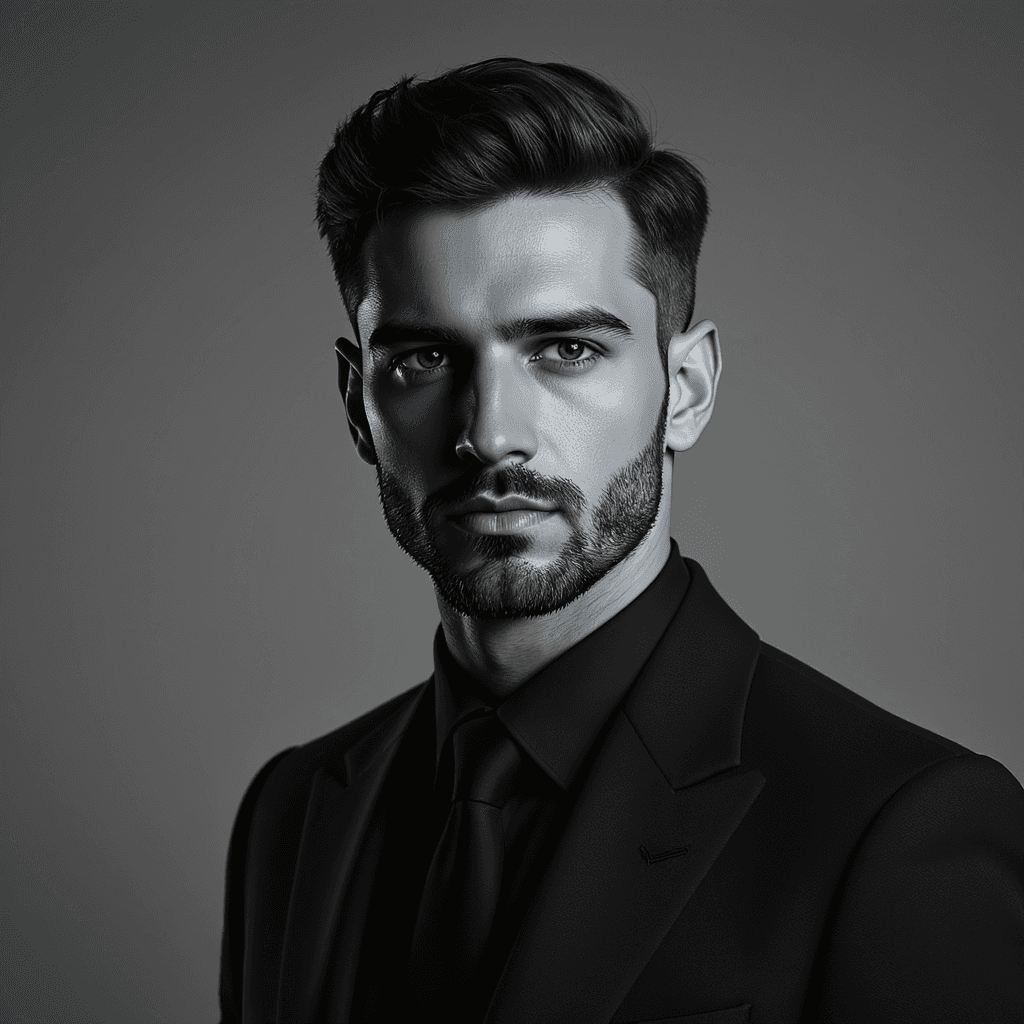 AI generated: realistic portrait, man, contemporary styled, staring to camera, wearing a minimalist black suit, fe...