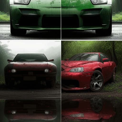 AI generated: the image is divided in half, the left half of the car is dirty with a red headlight, the right half...
