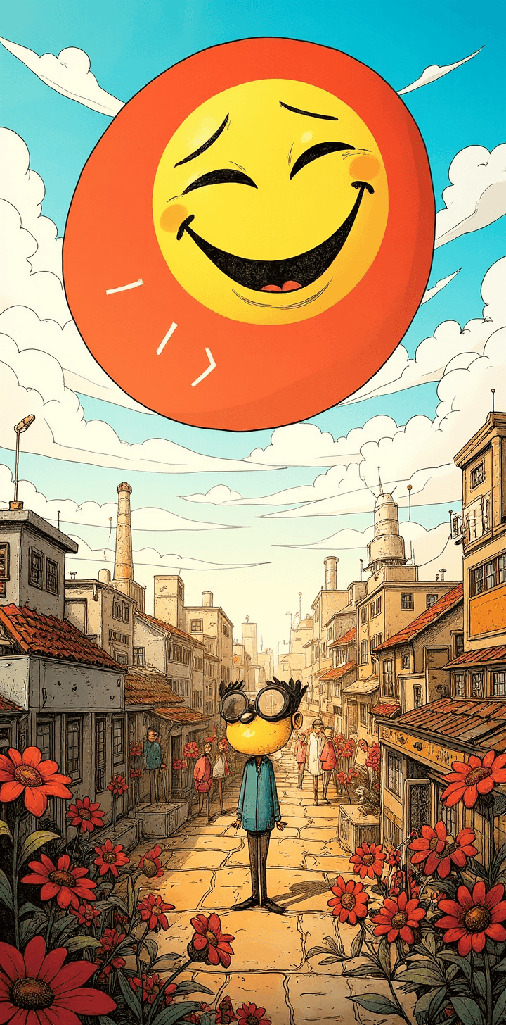 AI generated: cartoon with a colorful smiley face, people walking, love is in the air, surrounded by a city, in th...
