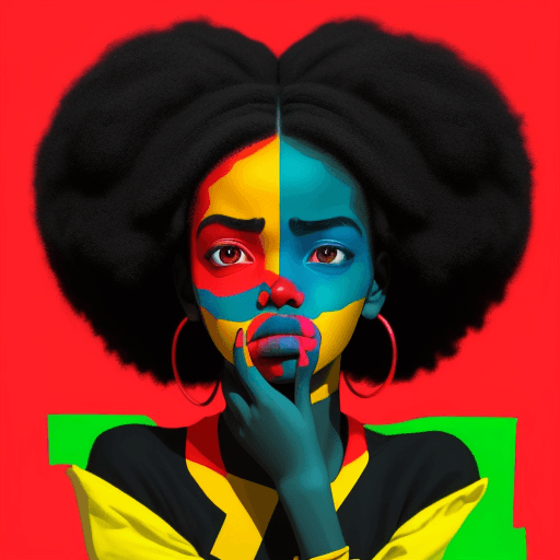 AI generated: Create a striking and bold image of a sad Ethiopian girl deep in thought, portrayed in a Neo-Pop Art...