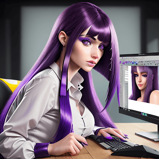 AI generated: Hyper realistic woman working in pc with graphic designer, looking the screen. Flat nose and long pu...